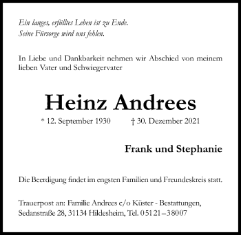 Traueranzeige von Heinz Andrees von Hildesheimer Allgemeine Zeitung