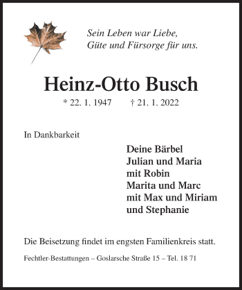 Traueranzeige von Heinz-Otto Busch von Hildesheimer Allgemeine Zeitung