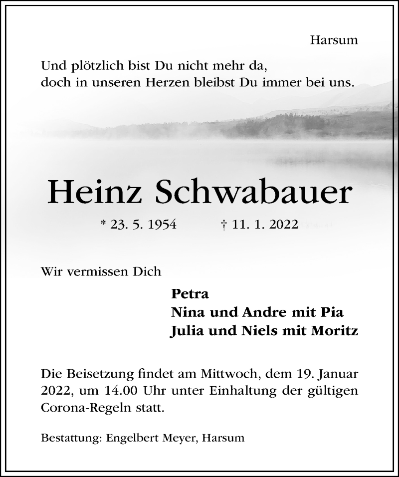  Traueranzeige für Heinz Schwabauer vom 13.01.2022 aus Hildesheimer Allgemeine Zeitung