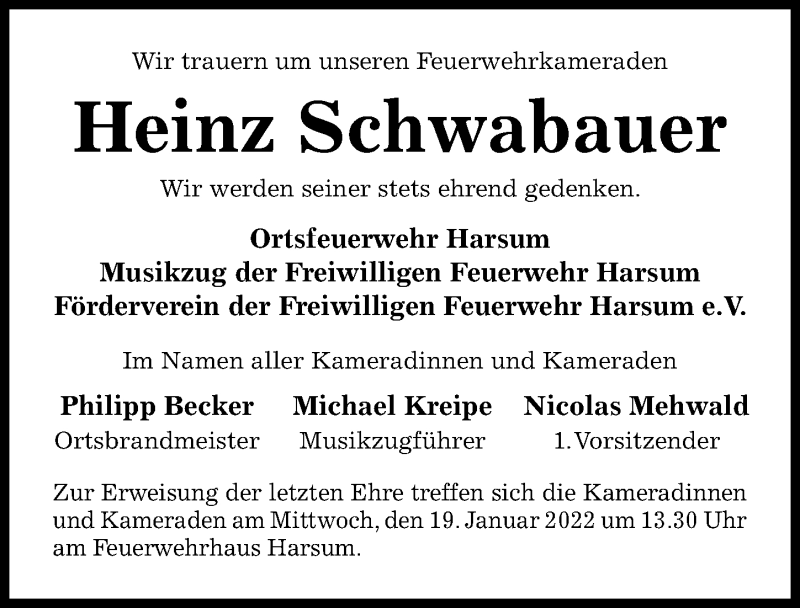  Traueranzeige für Heinz Schwabauer vom 15.01.2022 aus Hildesheimer Allgemeine Zeitung
