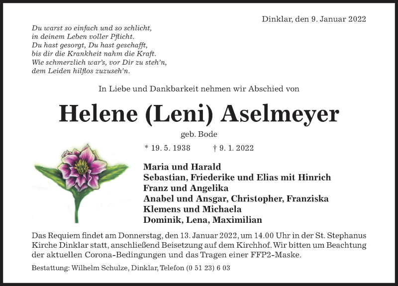  Traueranzeige für Helene  Aselmeyer vom 11.01.2022 aus Hildesheimer Allgemeine Zeitung