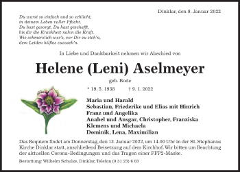 Traueranzeige von Helene  Aselmeyer von Hildesheimer Allgemeine Zeitung