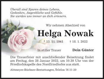Traueranzeige von Helga Nowak von Hildesheimer Allgemeine Zeitung