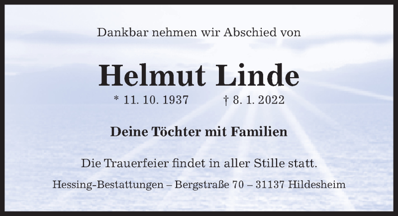  Traueranzeige für Helmut Linde vom 12.01.2022 aus Hildesheimer Allgemeine Zeitung