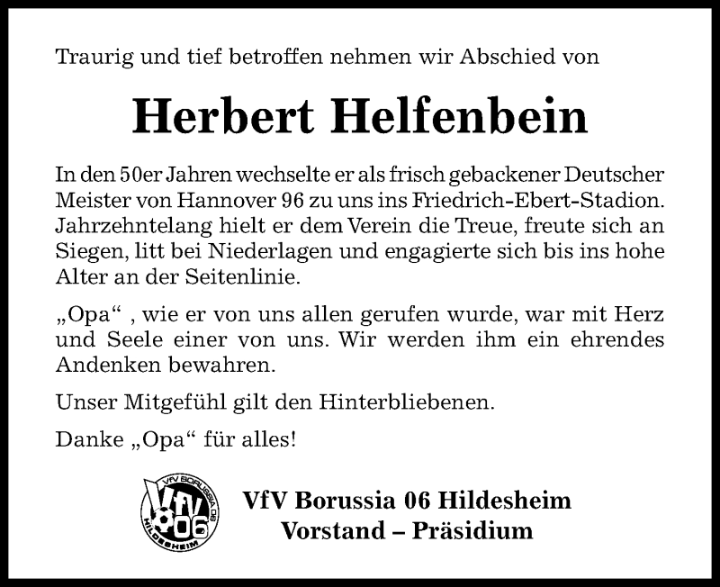  Traueranzeige für Herbert Helfenbein vom 19.01.2022 aus Hildesheimer Allgemeine Zeitung