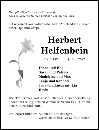 Traueranzeige von Herbert Helfenbein von Hildesheimer Allgemeine Zeitung