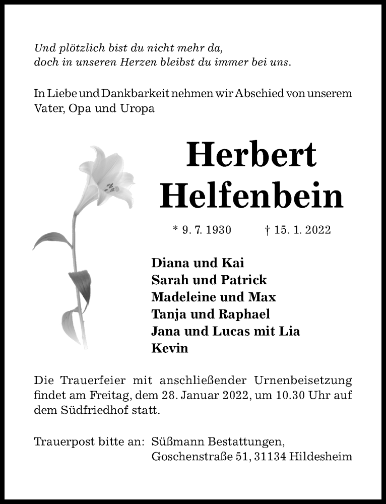  Traueranzeige für Herbert Helfenbein vom 19.01.2022 aus Hildesheimer Allgemeine Zeitung