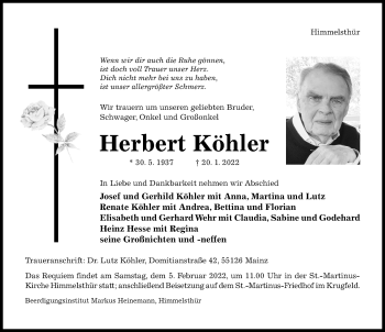 Traueranzeige von Herbert Köhler von Hildesheimer Allgemeine Zeitung