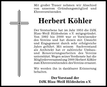 Traueranzeige von Herbert Köhler von Hildesheimer Allgemeine Zeitung