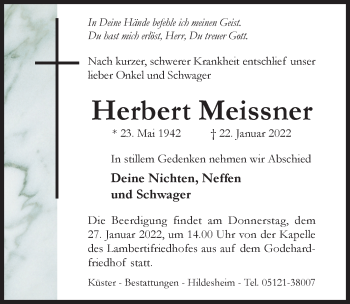 Traueranzeige von Herbert Meissner von Hildesheimer Allgemeine Zeitung