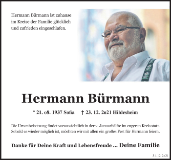 Traueranzeige von Hermann Bürmann von Hildesheimer Allgemeine Zeitung
