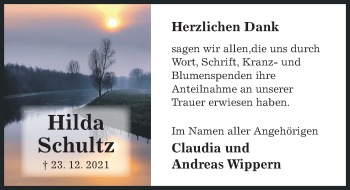 Traueranzeige von Hilda Schultz von Hildesheimer Allgemeine Zeitung