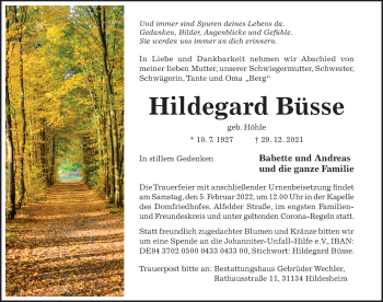 Traueranzeige von Hildegard Büsse von Hildesheimer Allgemeine Zeitung