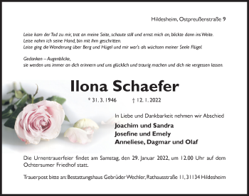 Traueranzeige von Ilona Schaefer von Hildesheimer Allgemeine Zeitung