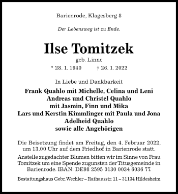 Traueranzeige von Ilse Tomitzek von Hildesheimer Allgemeine Zeitung