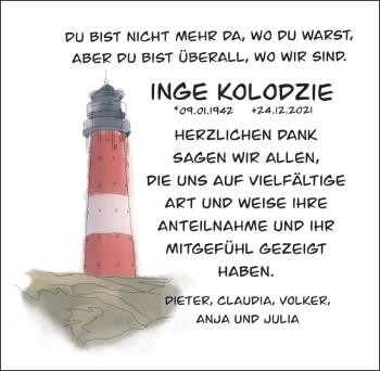 Traueranzeige von Inge Kolodzie von Hildesheimer Allgemeine Zeitung