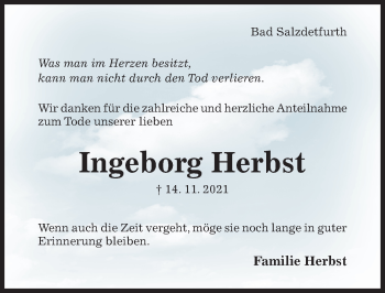 Traueranzeige von Ingeborg Herbst von Hildesheimer Allgemeine Zeitung