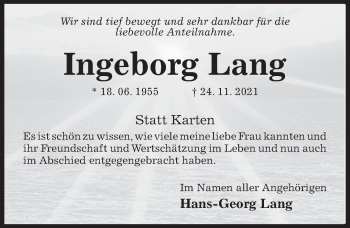 Traueranzeige von Ingeborg Lang von Hildesheimer Allgemeine Zeitung
