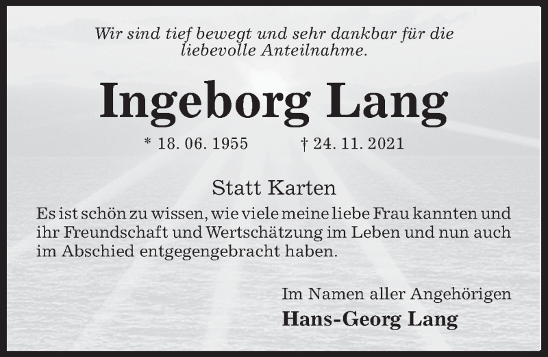  Traueranzeige für Ingeborg Lang vom 08.01.2022 aus Hildesheimer Allgemeine Zeitung