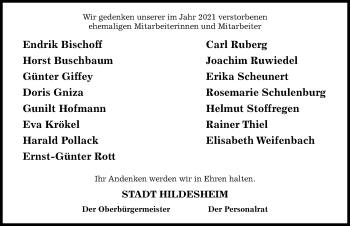 Traueranzeige von In Gedenken Mitarbeiter-innen Stadt Hildesheim von Hildesheimer Allgemeine Zeitung