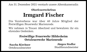 Traueranzeige von Irmgard Fischer von Hildesheimer Allgemeine Zeitung