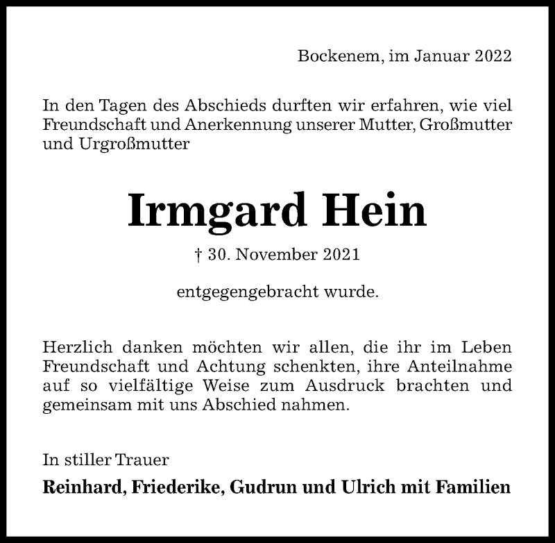  Traueranzeige für Irmgard Hein vom 15.01.2022 aus Hildesheimer Allgemeine Zeitung