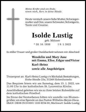Traueranzeige von Isolde Lustig von Hildesheimer Allgemeine Zeitung