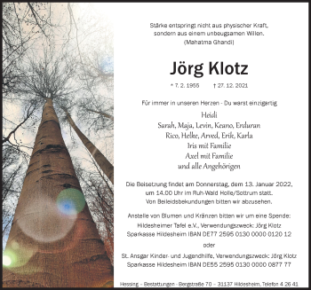 Traueranzeige von Jörg Klotz von Hildesheimer Allgemeine Zeitung