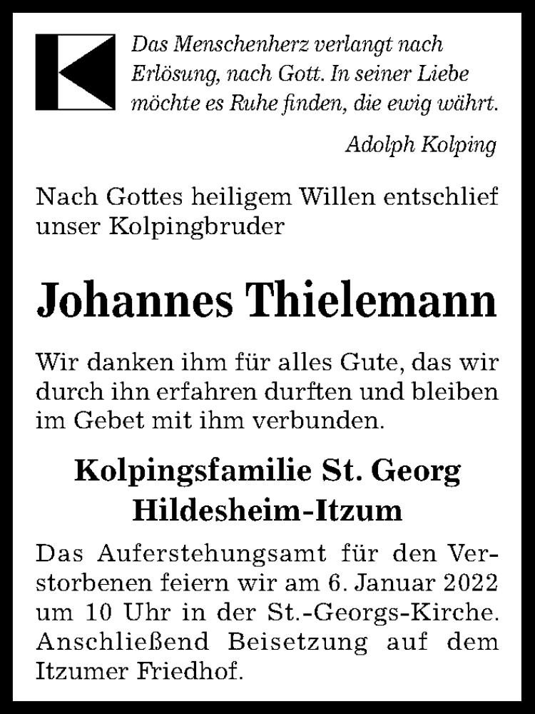  Traueranzeige für Johannes Thielemann vom 04.01.2022 aus Hildesheimer Allgemeine Zeitung