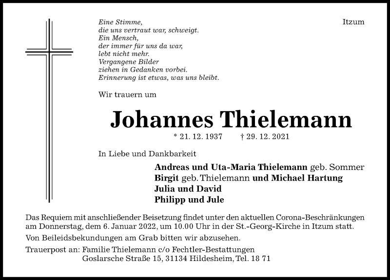  Traueranzeige für Johannes Thielemann vom 04.01.2022 aus Hildesheimer Allgemeine Zeitung