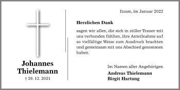 Traueranzeige von Johannes Thielemann von Hildesheimer Allgemeine Zeitung