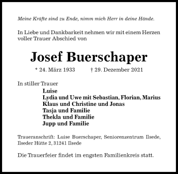 Traueranzeige von Josef Buerschaper von Hildesheimer Allgemeine Zeitung