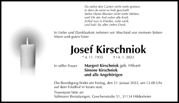 Traueranzeige von Josef Kirschniok von Hildesheimer Allgemeine Zeitung