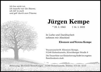 Traueranzeige von Jürgen Kempe von Hildesheimer Allgemeine Zeitung