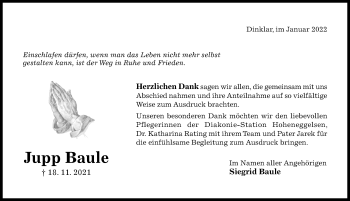 Traueranzeige von Jupp Baule von Hildesheimer Allgemeine Zeitung