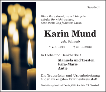 Traueranzeige von Karin Mund von Hildesheimer Allgemeine Zeitung