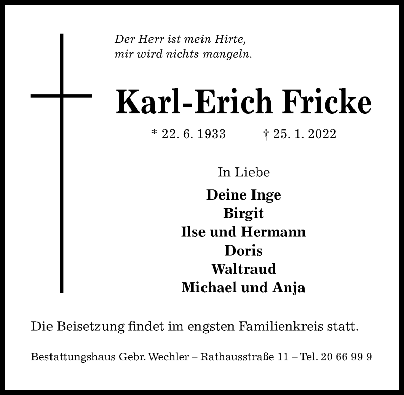  Traueranzeige für Karl-Erich Fricke vom 29.01.2022 aus Hildesheimer Allgemeine Zeitung