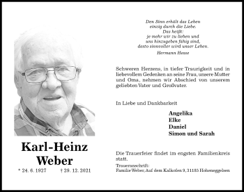 Traueranzeige von Karl-Heinz Weber von Hildesheimer Allgemeine Zeitung