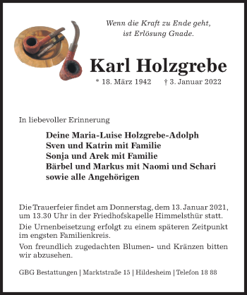 Traueranzeige von Karl Holzgrebe von Hildesheimer Allgemeine Zeitung