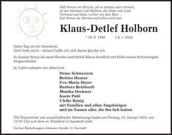 Traueranzeige von Klaus-Detlef Holborn von Hildesheimer Allgemeine Zeitung