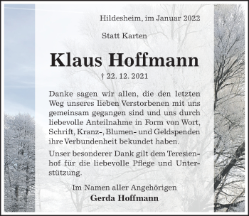 Traueranzeige von Klaus Hoffmann von Hildesheimer Allgemeine Zeitung