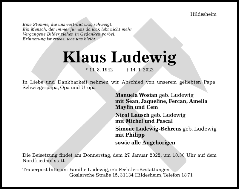  Traueranzeige für Klaus Ludewig vom 19.01.2022 aus Hildesheimer Allgemeine Zeitung