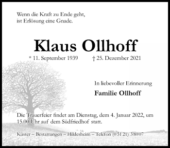 Traueranzeige von Klaus Ollhoff von Hildesheimer Allgemeine Zeitung