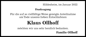 Traueranzeige von Klaus Ollhoff von Hildesheimer Allgemeine Zeitung