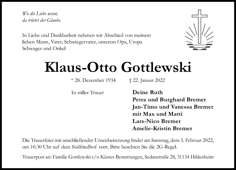  Traueranzeige für Klaus-Otto Gottlewski vom 29.01.2022 aus Hildesheimer Allgemeine Zeitung