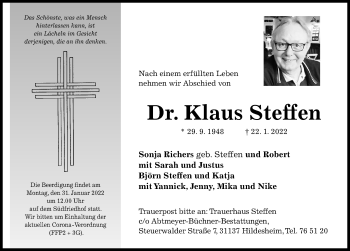 Traueranzeige von Klaus Steffen von Hildesheimer Allgemeine Zeitung