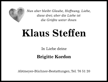 Traueranzeige von Klaus Steffen von Hildesheimer Allgemeine Zeitung