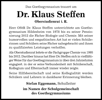 Traueranzeige von Klaus Steffen von Hildesheimer Allgemeine Zeitung