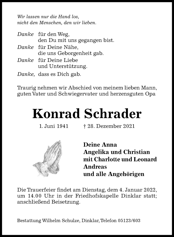  Traueranzeige für Konrad Schrader vom 31.12.2021 aus Hildesheimer Allgemeine Zeitung