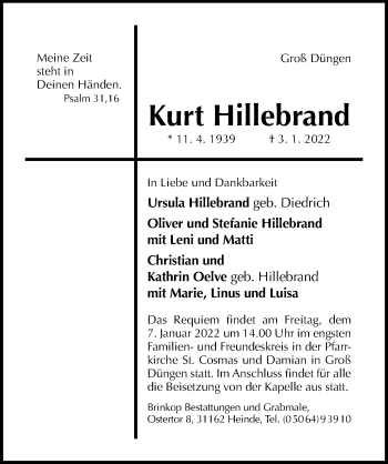 Traueranzeige von Kurt Hillebrand von Hildesheimer Allgemeine Zeitung